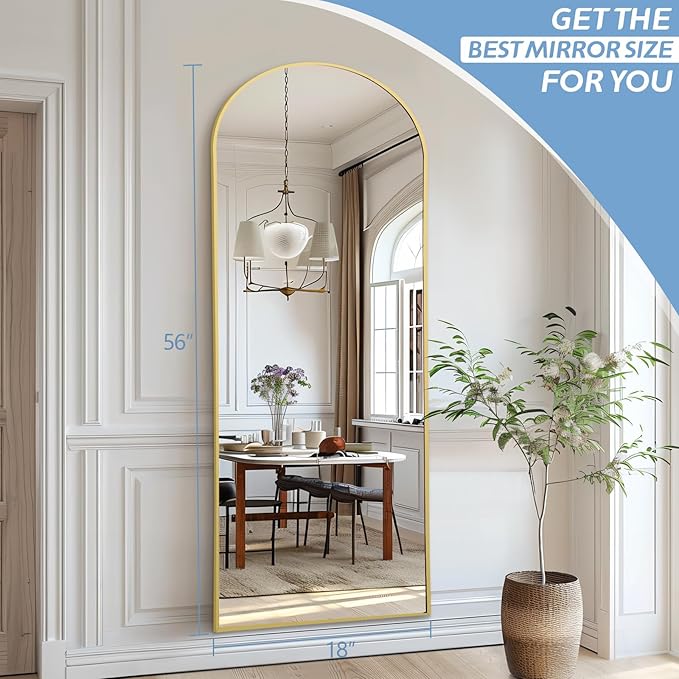 56"X18" Arched Full Length Mirror, Gold Floor Mirror with Stand Hanging or Leaning Against Wall, Tempered Glass Full Body Mirror for Bedroom Living Room, Aluminum Alloy Frame