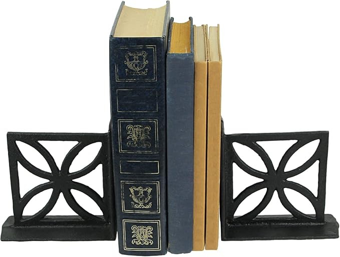 Set of 2 Elegant Black Cast Iron Mid Century Modern Breeze Block Bookends with Floral Design - Stylish Home and Bookshelf Decor Accessories, 5.25 Inches High