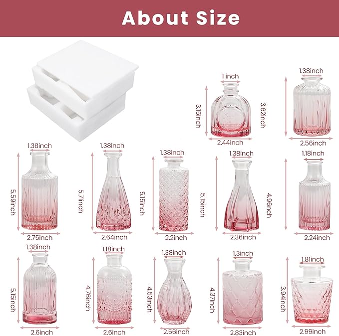 Valentine's Day Pink Glass Bud Vases Set of 12, Vintage Mini Vases for Centerpieces, Glass Bud Vase in Bulk for Wedding Decor, Single Flowers, Office and Home Table Flower Décor