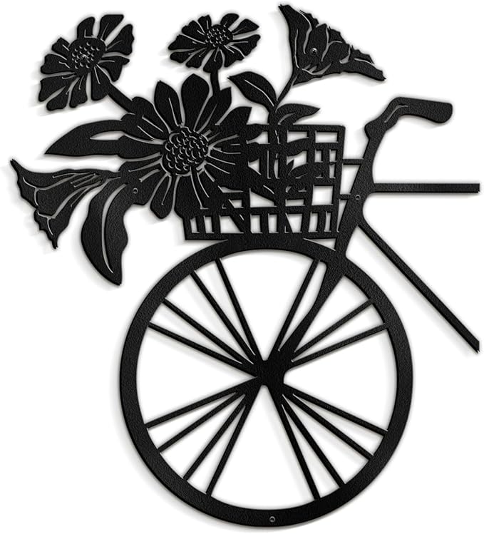 SIGNLEADER Metal Wall Art Decor Floral Bouquet in Bicycle Modern Abstract Wall Sculpture Hangings Home Decoration for Living Room, Bedroom, Bathroom, Kitchen, Outdoor - 18" Black