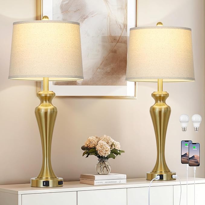 30" Table Lamps Set of 2, 3-Way Dimmable Touch Bedside Lamp with USB A+C Ports and AC Outlet, Tall Living Room Lamps for Side Table, Modern Bedroom Lamp for Nightstand, Gold