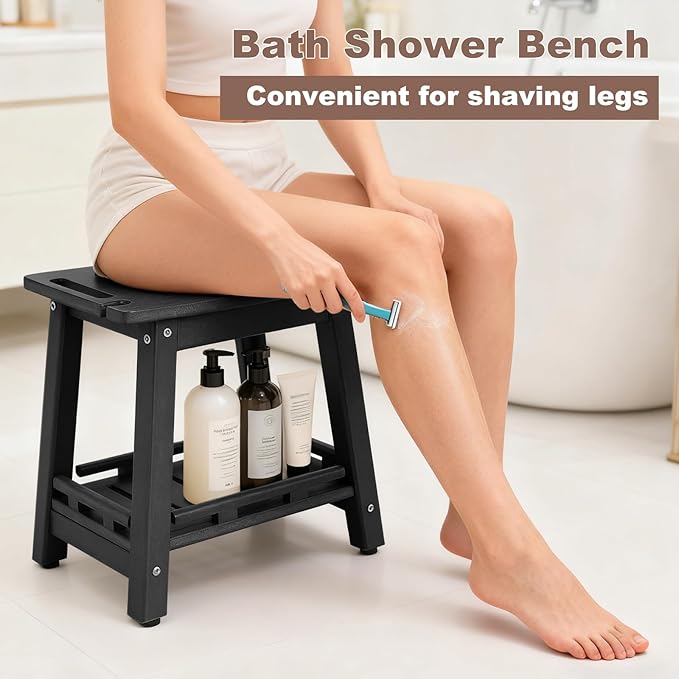 HDPE Shower Bench Seat for Shaving Legs, Waterproof Shower Stool with Storage Shelf for Bathroom, Black