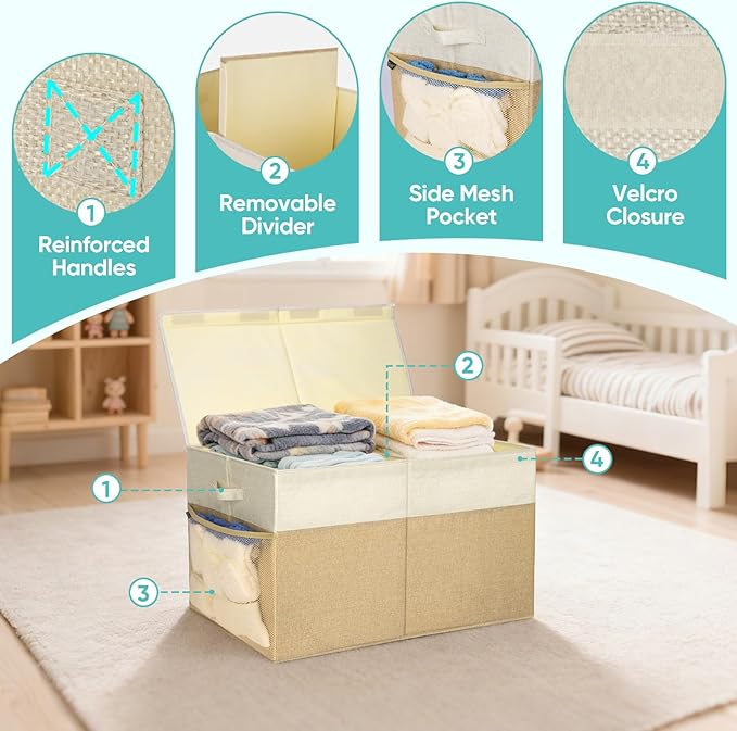 BALEINE Fabric Storage Bins with Lid, Collapsible Extra Large Storage Boxes Bins Baskets with Divider for Home Organizing (25"x13"x16", Grey&Beige)