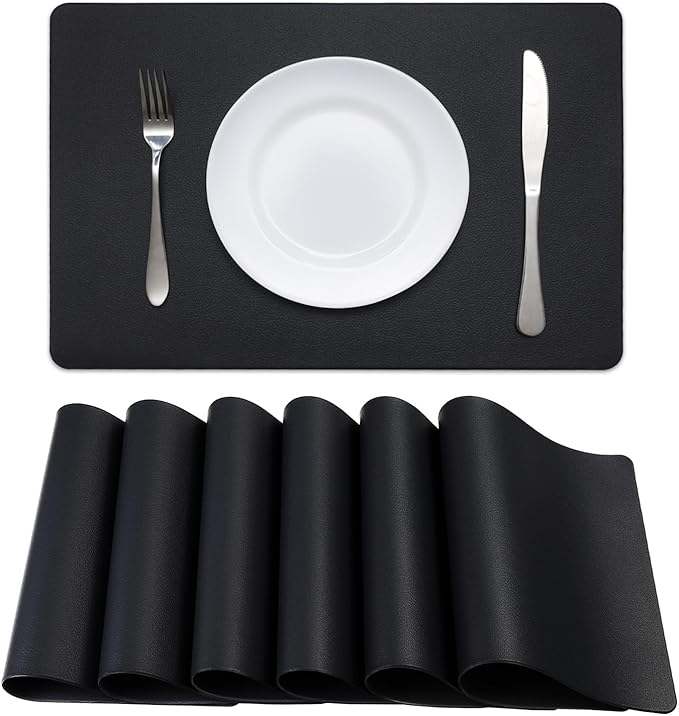 Faux Leather Halloween Placemats HeloHo Black Table Place Mats Set of 6 Waterproof Oilproof Heat Stain Resistant Placemats Washable Wipeable Placemat for Kitchen Dining Table Decoration Indoor Outdoor