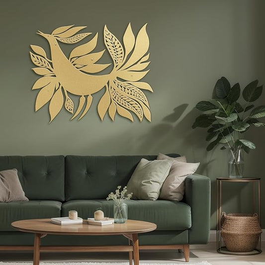 SIGNLEADER Metal Wall Art Decor Bird with Leaves Minimalist Modern Abstract Wall Sculpture Hangings Home Decoration for Living Room, Bedroom, Bathroom, Kitchen - 18" Gold