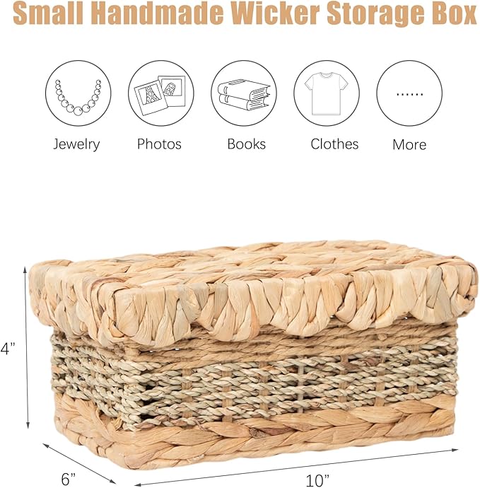 Wicker Storage Baskets with Lids Natural Handmade Scalloped Rattan Box Decorative Bohemian Removable Tray Lid Handles Water Hyacinth Seagrass Paper Rope Woven Bins Container (Small)