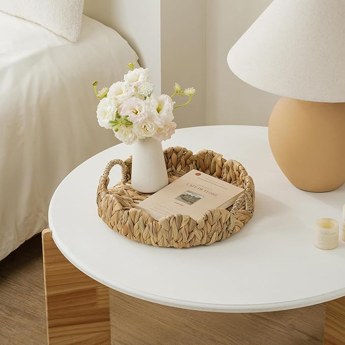 Round Wicker Scalloped Serving Tray with Handles - Seagrass Handwoven Trays,Water Hyacinth Tray for Home Decor and Living Room, Dining Table, Bathroom Organizing, 13" L x 13" W x 3.5" H