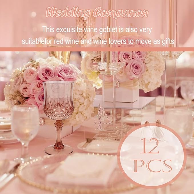 12 PCS Rose Gold Plastic Wine Glasses，Cordial Glasses，Goblets，Can be Used for Weddings, Everyday Fun Parties and More!