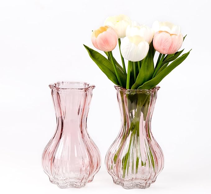 Flower Vase,Glass Vases Set of 2,Blush Clear Pink Vase 8 inch,for Home Decor,Valentains Day Decorations Indoor,Gifts,Wedding,Anniversary,Centerpieces