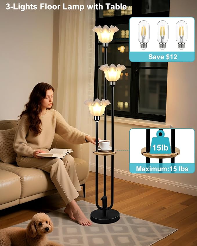 ACOHOOK Flower Floor Lamp for Living Room, Dimmable Vintage Floor Lamp with Shelf &3 LED Bulbs, 3 Light 3000K Soft Warmwhite Mid Century Black Standing Lamp, Floral Tall Lamp for Bedroom Office