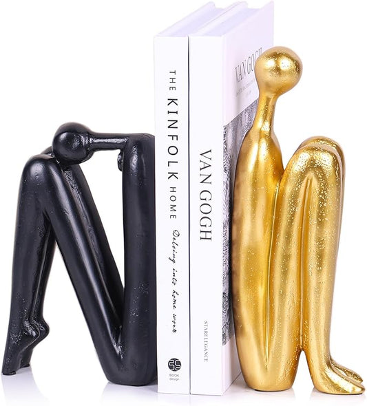 Thinker Statue Decorative Bookends,1 Pair/2 PCS Book Ends for Shelves Unique Modern Book Stopper for Heavy Books, Abstract Aesthetic Decor, Modern Home Bookshelf Decoration (Black Gold)