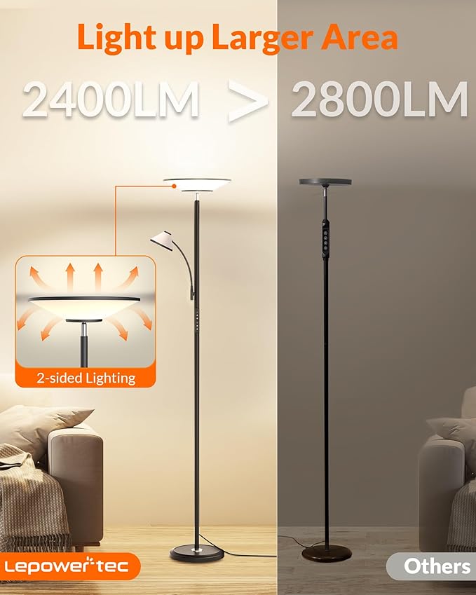 LEPOWER-TEC Bright Floor Lamp, Standing Lamp with Remote & Wall Switch, 60 Lighting Effects, Adjustable Torchiere Corner Light for Living Room, Bedroom, Office. Perfect for Reading & Ambiance