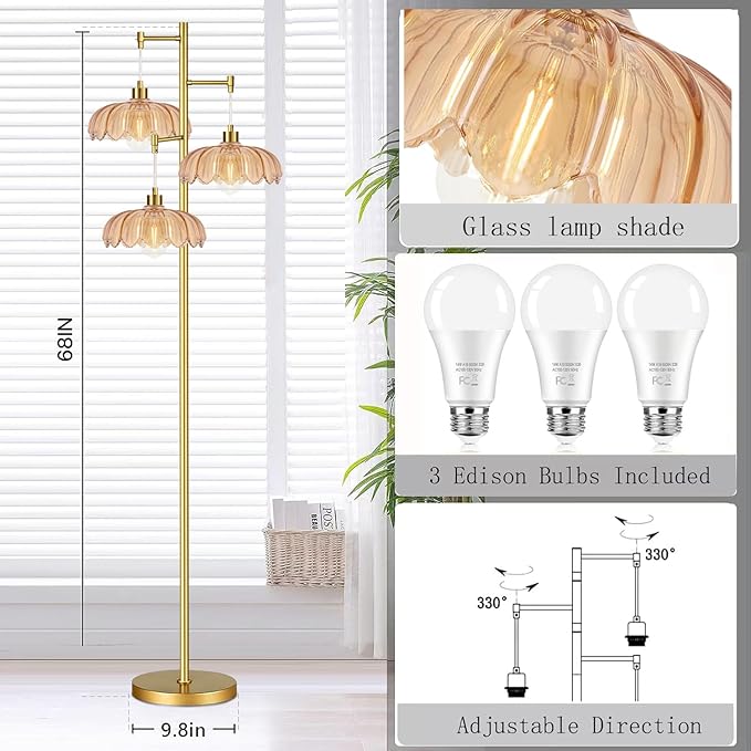 ZECOXOL Gold Floor Lamps for Living Room 3 Lights Floor Lamp with Glass Lampshape & Three Led Bulb,Mid Century Standing Lamp Vintage Brass Tall Lamp Tree Floor Lamp for Bedroom Corner