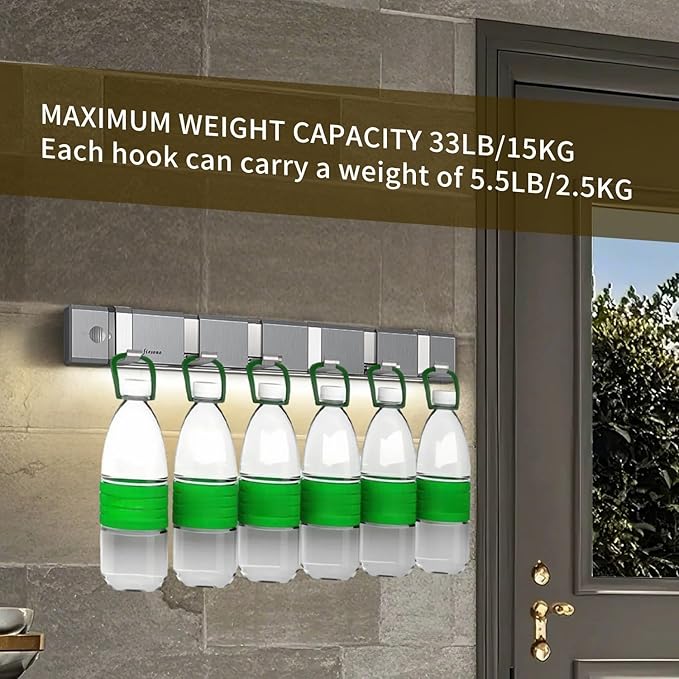 Wall Mount Lighted Folding Coat Hooks, Stainless Steel 6 Hooks Rack with Motion Sensor LED Light for Wall Coat Hanger Bathroom Shower Entryway Living Room Bedroom
