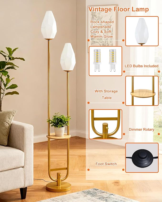 Lightdot 63IN Gold Floor Lamp with Shelf, Mid Century U-Shaped Tall Standing Lamps with 2 Rock-Shaped Lampshades, 3000K Warm White Unique Modern Dimmable Floor Lamp for Living Room/Bedroom