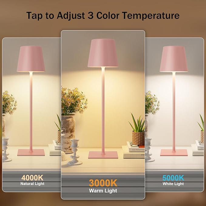 Pink Cordless Rechargeable Table Lamp, 2 Pack Portable Desk Lamp with 5000mAh Battery, Touch Control Stepless Dimming, Wireless Night Light for Dining, Outdoor Camping, Coffee Shop, Waterproof Design