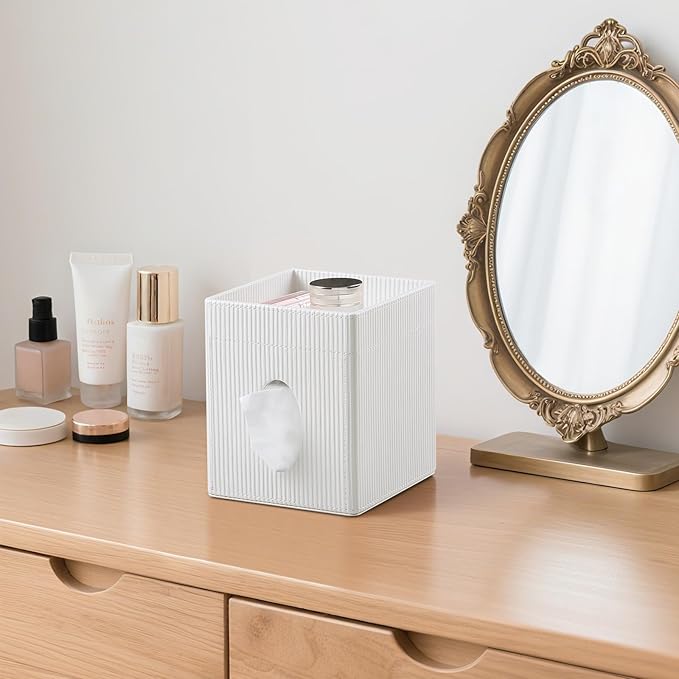 Square Tissue Box Cover with Tray, PU Leather Tissue Box Holder Decorative Cube Tissue Holder for Bathroom Bedroom Office (Cream)