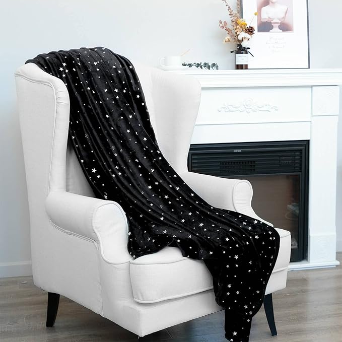 NANPIPER Fleece Blankets Star Foil Print Throw,Super Soft Flannel Fuzzy Blanket,50"x 65" Black