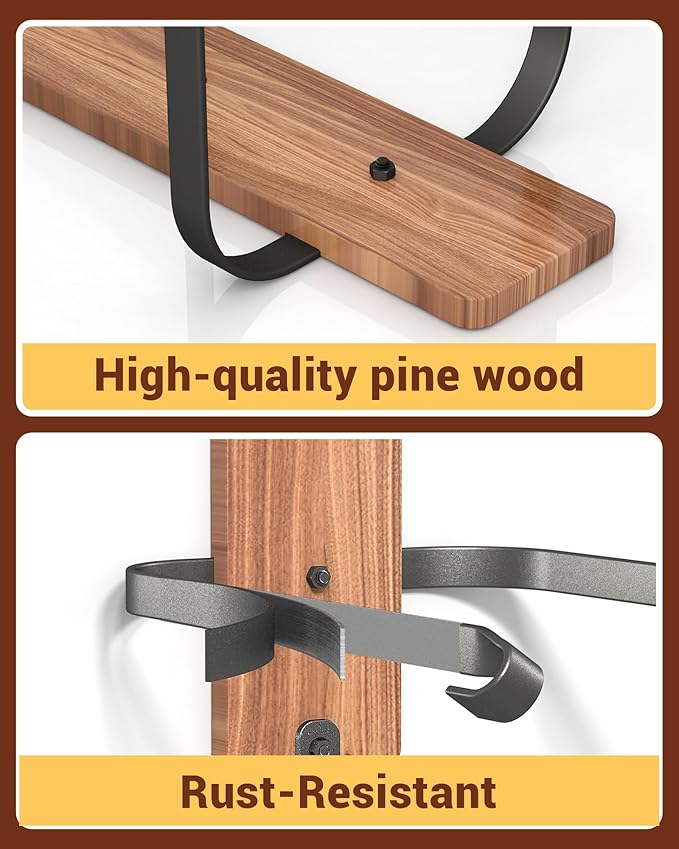 Cowboy Hat Rack for Wall, Cowboy Hat Holder for 4 with Hooks,Wooden Rustic Metal Hanger for Wall with Pine Board,Western Baseball Hat Rack Holder for Fedora, Sun Hats