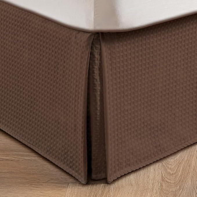 MIYE Pleated Waffle Weave Bed Skirt, Tailored Dust Ruffle 12 Inch Drop Easy Fit, Machine Washable (Brown, Queen - 12" Drop)