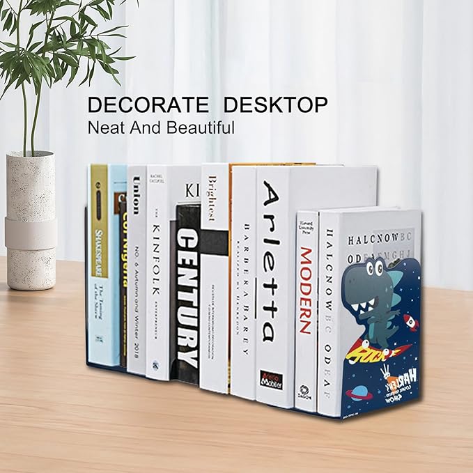 2 Pack Metal Bookends,5.3"x3.9"x8"Non-Slip Darkblue Cartoon Dinosaur Book Stopper,Heavy Duty Premium Space-Themed Decorative Book End, Supports for Kids Children Shelves,Room,School,Learning Gifts