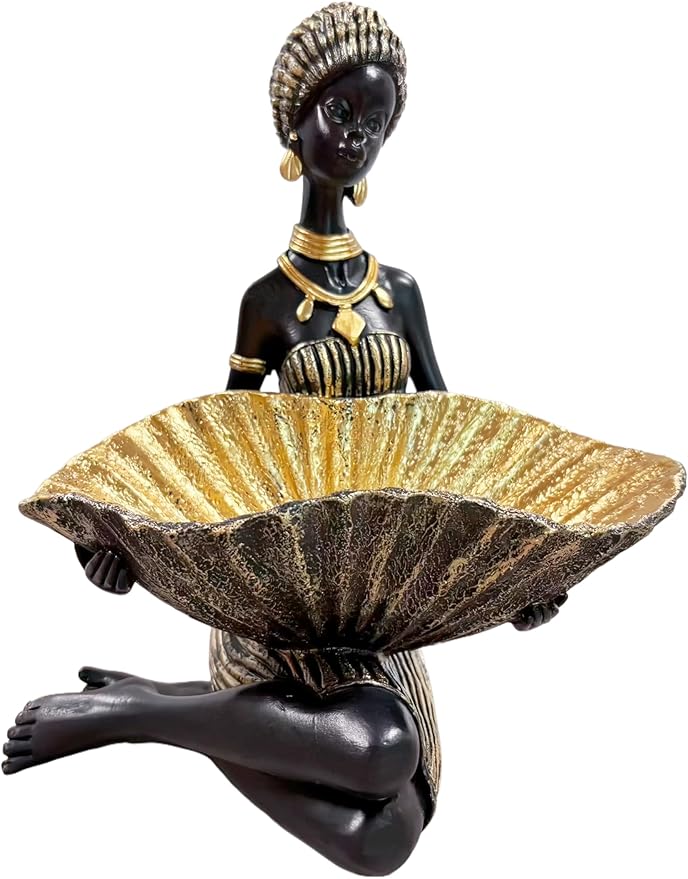 African Woman Kneeling Statue with Large Leaf Bowl – Resin Figurine, Black and Gold Cultural Sculpture, African Decor Candy Jewelry Dish