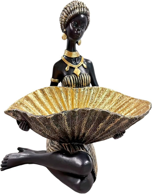 African Woman Kneeling Statue with Large Leaf Bowl – Resin Figurine, Black and Gold Cultural Sculpture, African Decor Candy Jewelry Dish