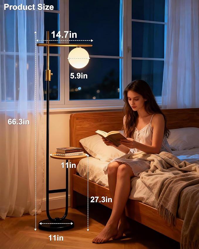 Lightdot 66IN Gold&Black Dimmable Floor Lamps with Storage Table, Modern Standing Tall Lamp with Milky White Globe Lampshade, Cross-Shaped Lamp Head and U-Pole Base Style for Living Room/Bedroom