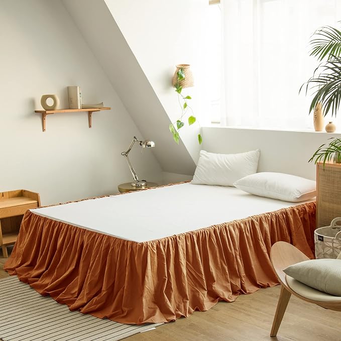 BISELINA French Linen Bed Skirt with Pleated Frills 22-Inch Tailored Drop Natural Flax Cotton Blend Dust Ruffle Soft Cozy Farmhouse Bedding (22" Queen, Rust)