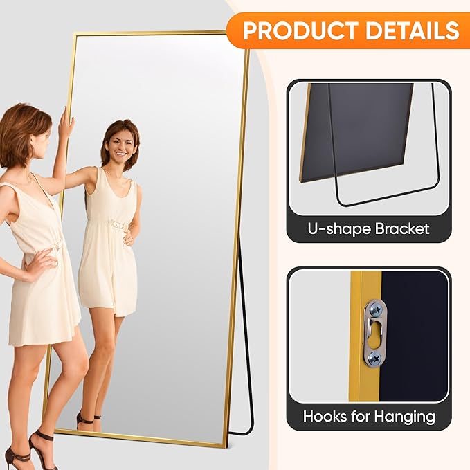 Suidia Full Length Mirror, 58"x18" Floor Standing Mirror Freestanding, Full Body Mirrors with Stand for Bedroom, Hanging Mounted for Living Room Cloakroom, Gold, Rectangular Style