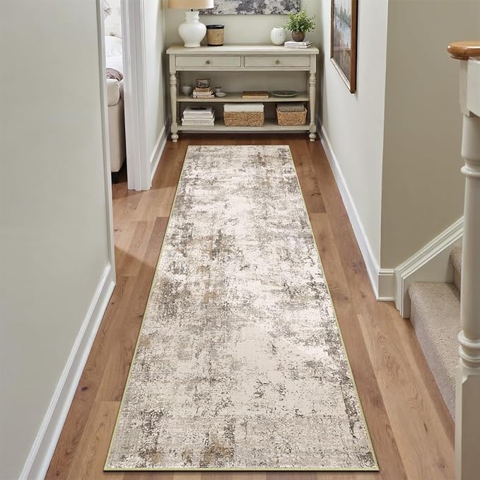 WondRg 2x10 Washable Runner Rug Brown Grey Abstract Hallway Kitchen Throw Rug Neutral Modern Non Slip Soft Low Pile Carpet for Bathroom Laundry Bedroom Living Room