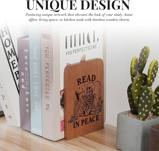 Book Lover Gifts for Women Men, Skull Bookends, Novelty Bookends Unique, Heavy Duty Wooden Book Ends for Shelves Decorative(1 Pair, 4.72x6.69 Inches) - RIP
