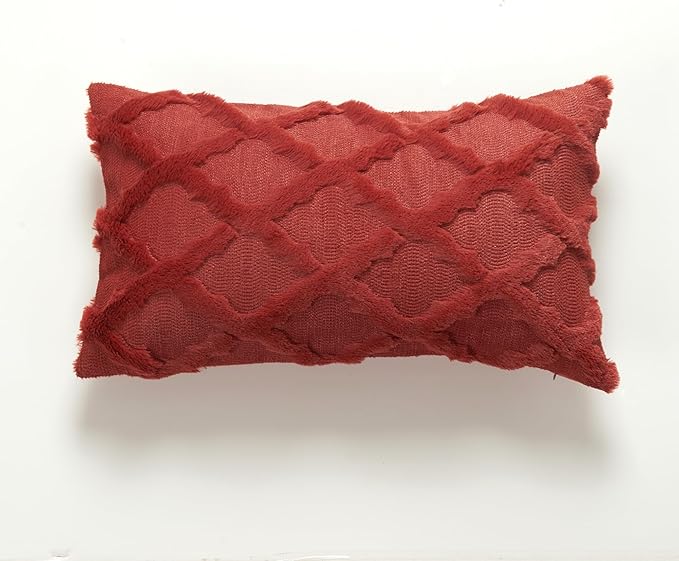 EMMTEEY Boho Fluffy 12X20 Pillow Covers Set of 2 - Single-Sided Striped Embroidery Design, Neutral Nordic Style Pillow Case Bed Sofa Decor for Cozy Home Styling, Burgundy