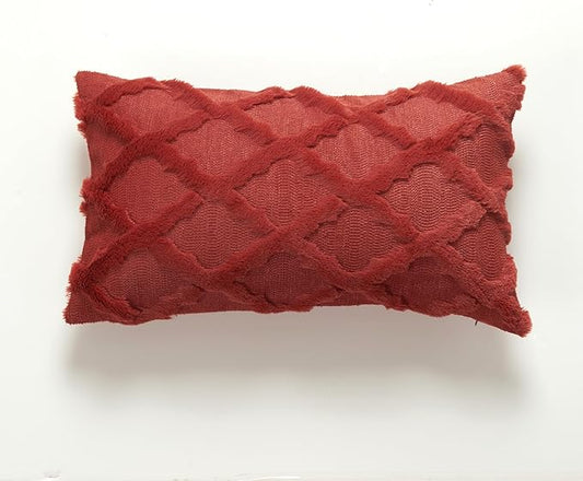 EMMTEEY Boho Fluffy 12X20 Pillow Covers Set of 2 - Single-Sided Striped Embroidery Design, Neutral Nordic Style Pillow Case Bed Sofa Decor for Cozy Home Styling, Burgundy