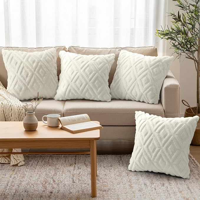 decorUhome Pack of 4 Faux Fur Throw Pillow Covers 16x16, Soft Decorative Couch Pillow Covers with Velvet Back for Modern Sofa Living Room, Cream White