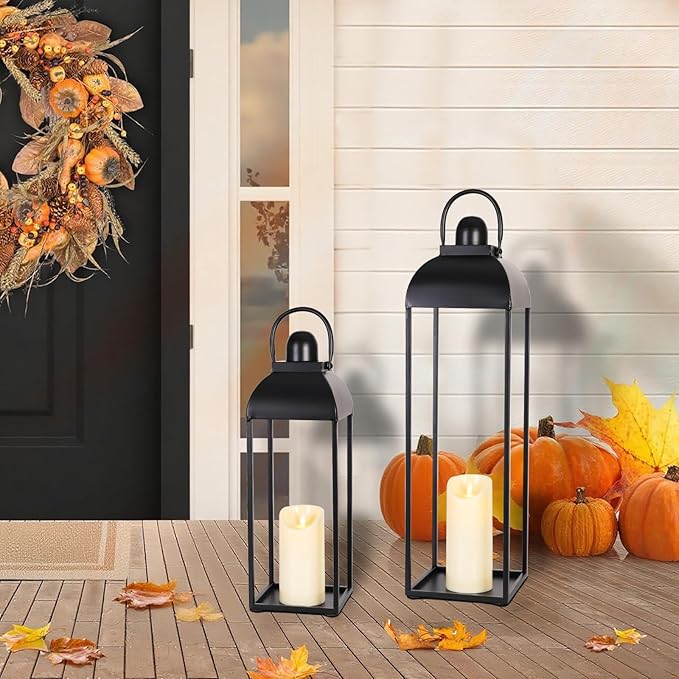 25'' 19'' Lanterns Decorative Outdoor Indoor, Black Metal Outdoor Candle Lanterns, Set of 2 Modern Farmhouse Decorative Lantern for Fireplace, Patio, Porch, Floor, Christmas Lantern (No Glass)