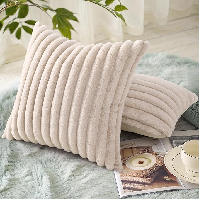 decorUhome Faux Fur Spring Throw Pillow Covers 16x16 Set of 2, Decorative Soft Plush Striped Neutral Couch Pillow Covers with Velvet Back for Sofa, Bed, Living Room Home, Beige