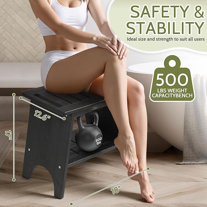 Shower Benches for Inside Shower, Waterproof HDPS Shower Stool for Shaving Legs, 500LBS Heavy Duty Shower Chair With Storage Shelf, Waterproof Shower Seat for Bathroom, Elderly, Indoor, Outdoor, Black