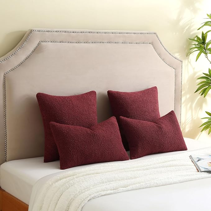 FUTEI Pack of 2 Burgundy Decorative Throw Pillow Covers 16x16 Inch Soft Cozy Solid Boucle Textured Cushion Case,Modern Home Decor for Couch Bed Living Room