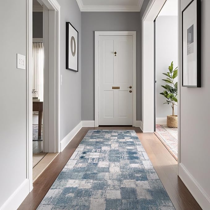 Beverly Rug Modern Abstract Runner Rug 2x7 Luxury Ultra Soft Vintage Indoor Area Rugs for Living Room Stain Resistant Non Shedding Indoor Carpet Alfombras para Salas Modernas (2 x 7 Navy Blue)