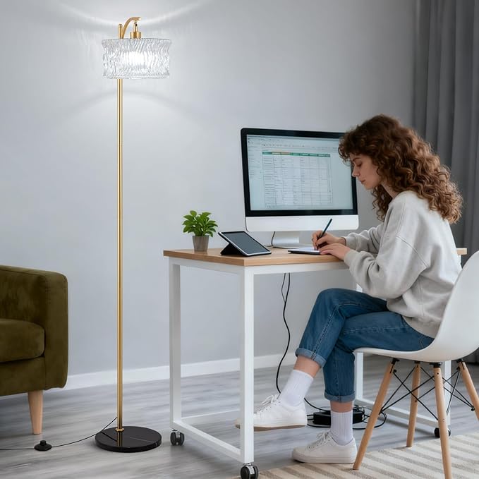 JERANDO Dimmable Glass Floor Lamp for Living Room, Modern Gold Standing Lamp with Remote Control, Vintage Clear Glass Lampshade Tall Lamp for Bedroom Study Room(LED Bulb Included)