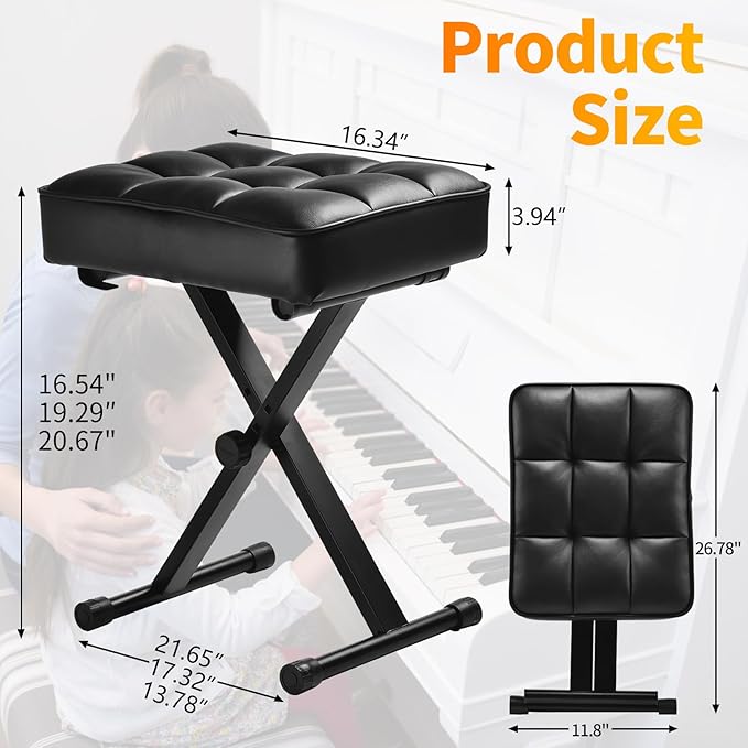 Keyboard Bench Adjustable Piano Stool - Extra Comfortable Piano Bench with High Rebound Sponge Cushion,No Deformation,Superior Support,X-Style Portable Foldable Piano Chair, 3 Height Adjustment(Black)