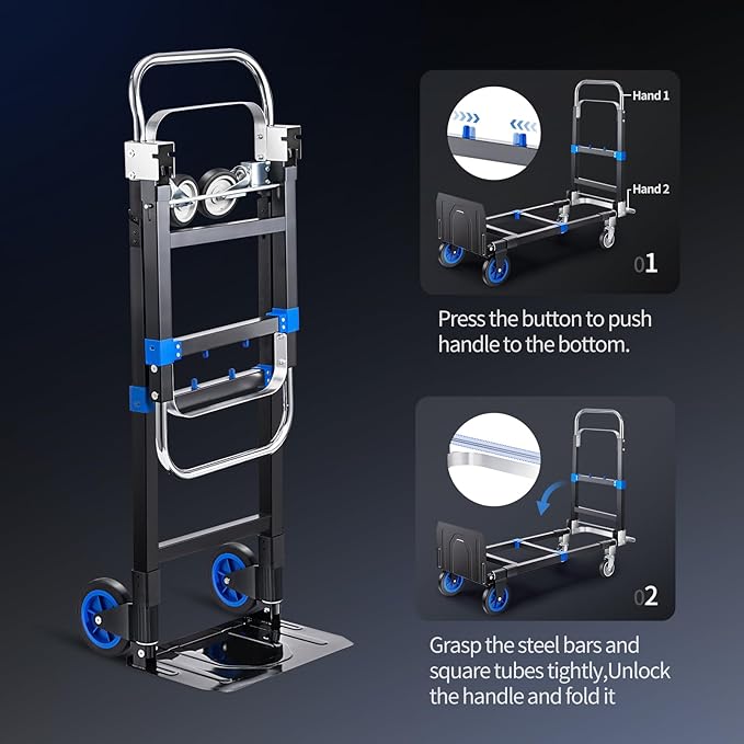 Pro 3 in 1 Aluminium Hand Truck 660lbs Capacity, Heavy Duty Convertible Hand Truck Dolly W/ 4 Rubber Wheels, Foldable Dolly Cart Collapsible Trolley for Warehouse Home Moving