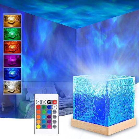 Ocean Wave Projector Lamp,Northern Lights Aurora Projector Light,16 Colors Gradual Rotating Flame Water Lamp，Cube Night Light with Remote Control for Living Room Bedroom Decor Hotel, etc