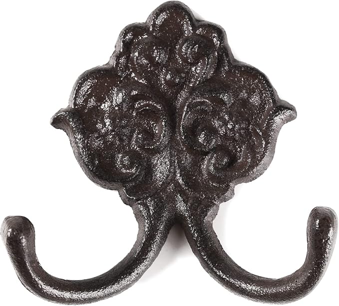 BRASSTAR Cast Iron Simple Floral Decoration Double Hook Hanging for Coats, Bags, Hats, Towels, Keys, Rustic Retro Home Art Decor TQGJPT442