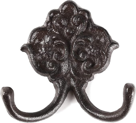 BRASSTAR Cast Iron Simple Floral Decoration Double Hook Hanging for Coats, Bags, Hats, Towels, Keys, Rustic Retro Home Art Decor TQGJPT442