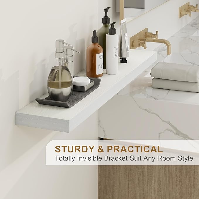 Fun Memories Floating Shelves for Wall, 24Inch Floating Shelves Set of 2, Hanging Shelf with Invisible Brackets, Wood Shelves for Living Room, Bedroom, Kitchen, White