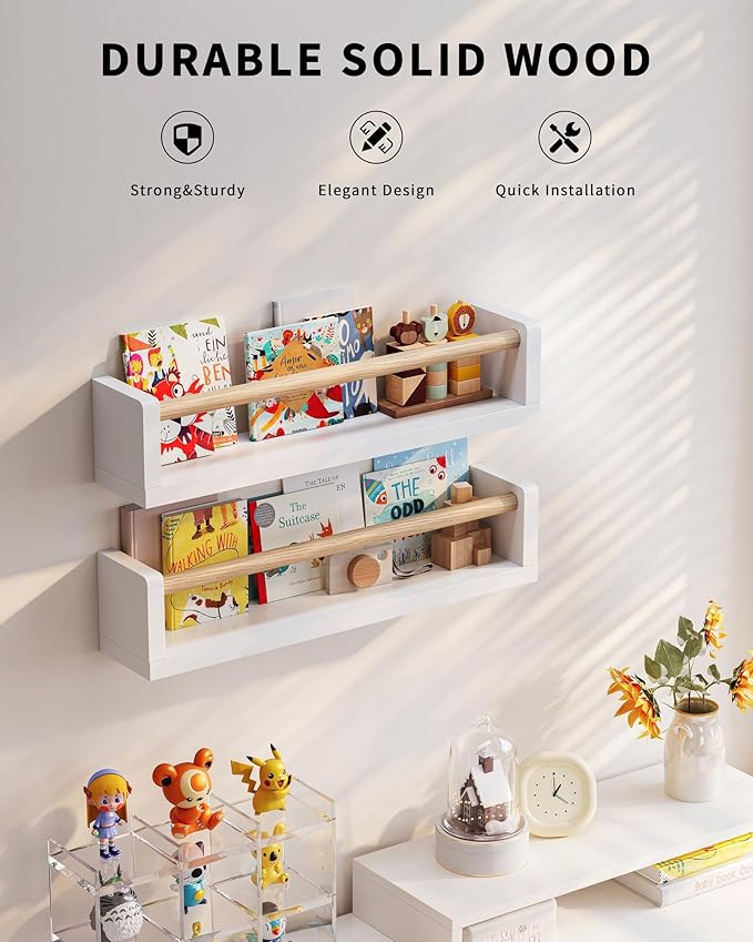 Nursery Book Shelves - 4 Pack, Wall Book Shelves for Bedroom Kids, Kids Wall Book Shelf, Book Shelf for Kid Rooms, Toddler, Baby, Play Room, Nursery Decor (White Wood, 16.5 Inches)