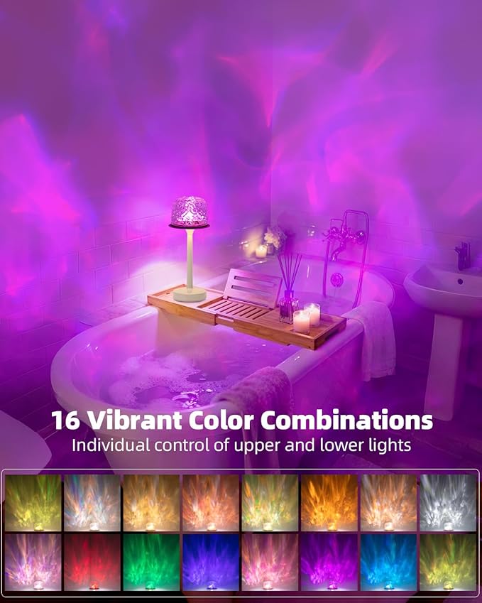 Shower Lamp, Waterproof Bathroom Light with 16-Color Ocean Wave Projector, Rechargeable & Cordless with Touch and Remote Control for Bathtub and Shower