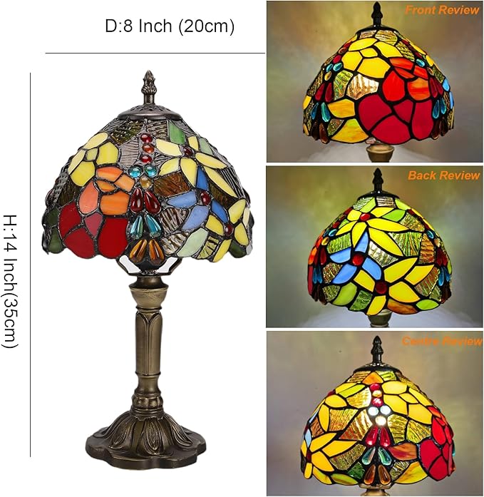 Tiffany Lamp Rose Flower Stained Glass Table Lamp,3 Color-Temperature Nightstand Bedside Home Office Desk Lamp Accent Lamp for Living Room,Bedroom,Hotel+LED Bulb,8X8X15 Inch